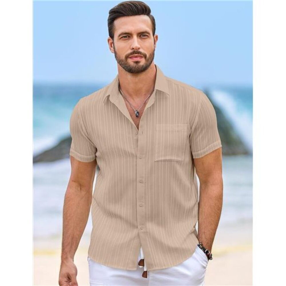 Men Button Down Short Sleeve Shirts Khaki - Picture 4 of 7
